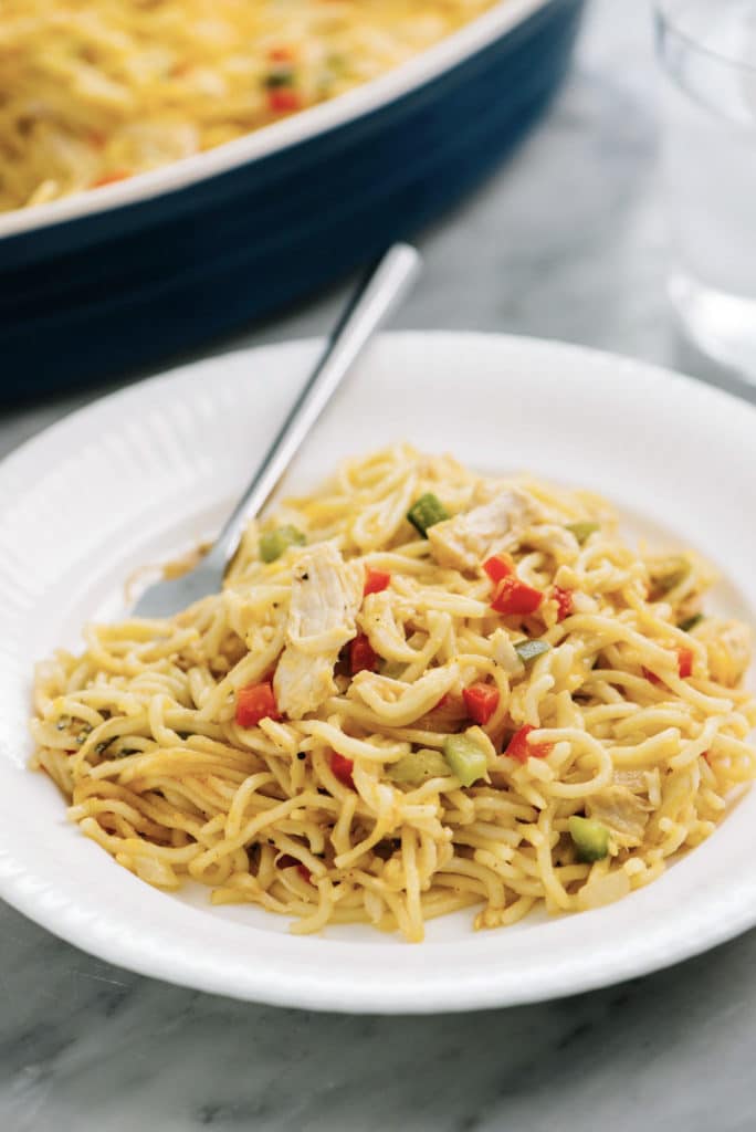 Chicken-Spaghetti-Casserole-on-plate-vertical
