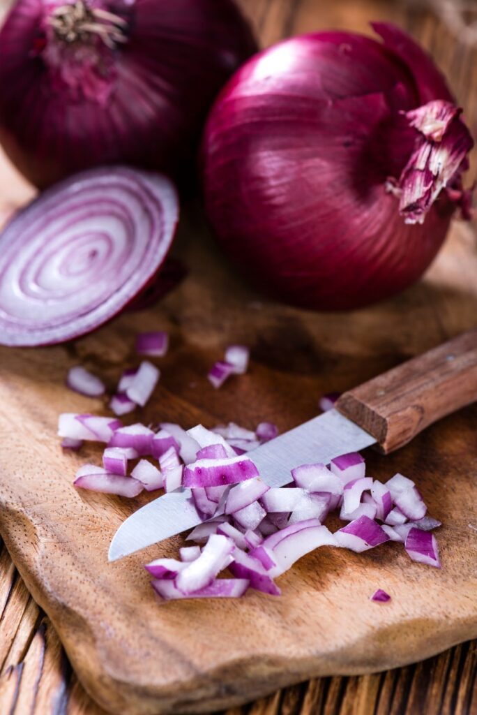 chopped red onion for healthy meal prep