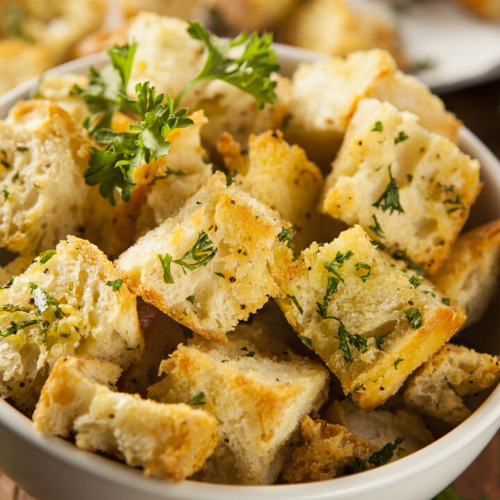 air fryer croutons in a bowl