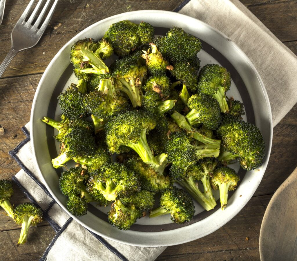 Air Fryer Frozen Broccoli in dish